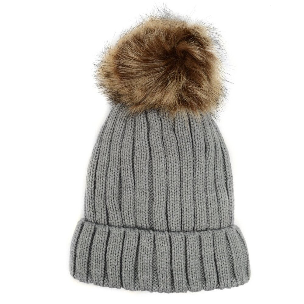 Rampage Gray Knit Beanie Warm Winter Hat With Faux Fur Pom-Pom Pouf Women’s